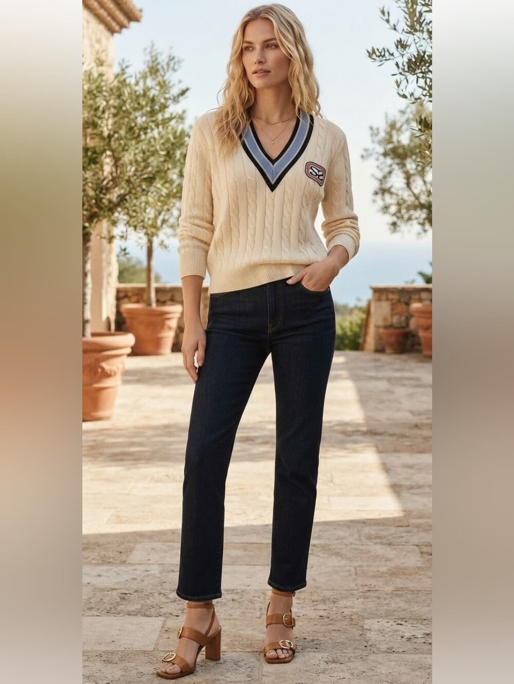 Sandro Cream Cable-Knit V-Neck Sweater with Navy & Light Blue Trim